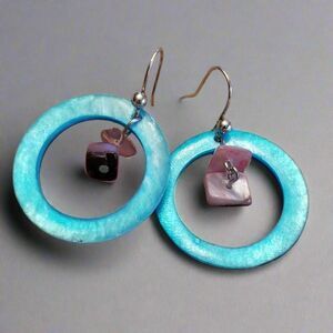 Blue Shell Hoop Earrings with Pink Shell Dangles – Boho Dangle Jewelry